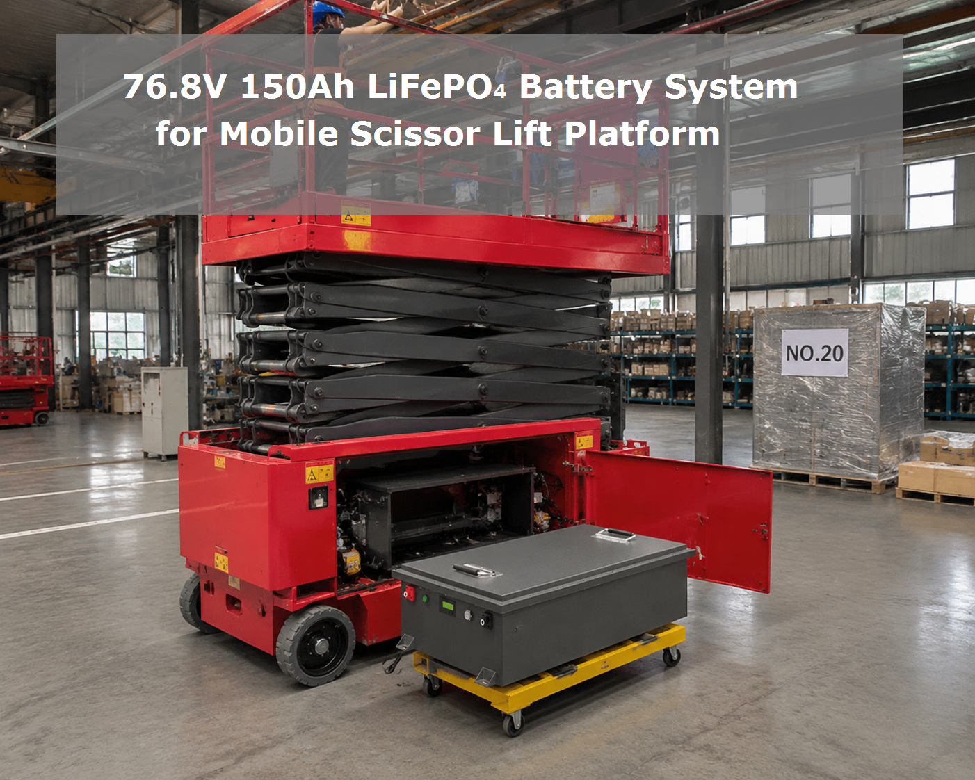 最新の会社の事例について モバイル シザー リフト プラットフォーム用 76.8V 150Ah LiFePO₄ バッテリー システム